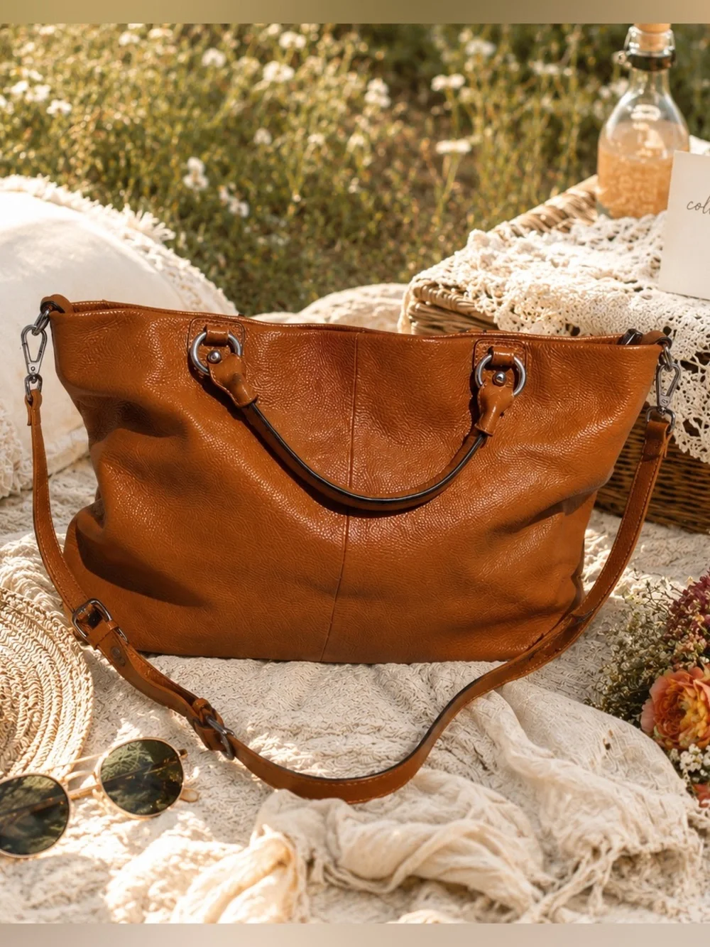 Kattee Genuine Leather Pebbled Tote Satchel Camel Brown Shoulder Crossbody Bag